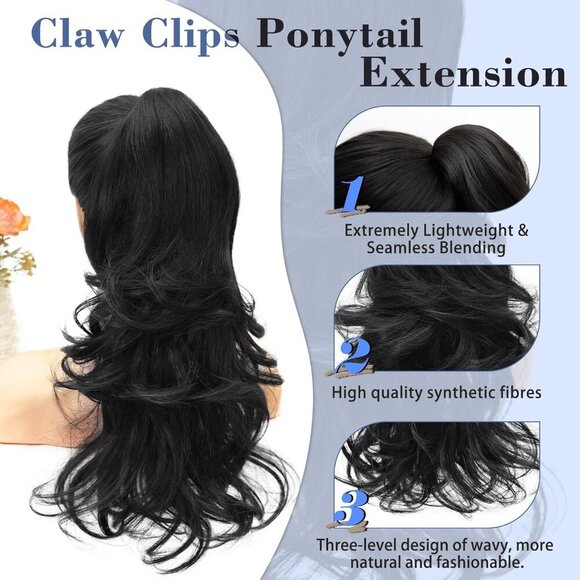 Black Synthetic Ponytail Extension 18 Inch Wavy Clip on Hairpiece for Women main image 4
